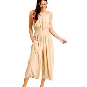 Lush Smocked Cami Tan Jumpsuit
